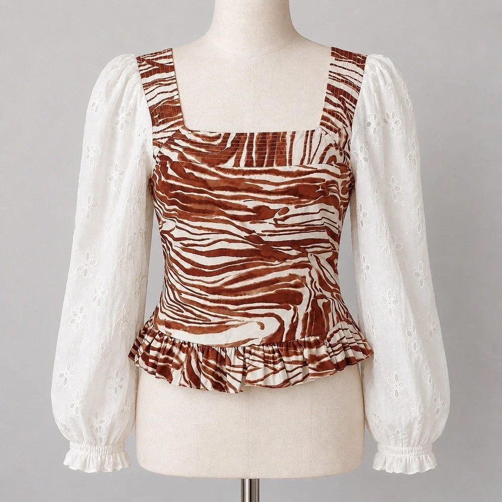 Anthropologie NEW Love the Label Chaka Smocked Eyelet Puff Sleeve Top SZ Medium